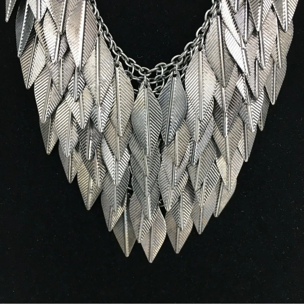 Vintage Metal Art Leaf Layered Waterfall Bib Statement Necklace Silver - Image 8