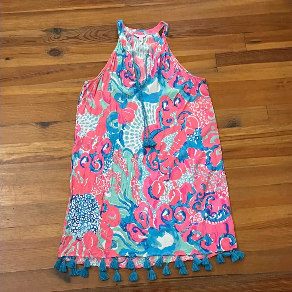 Lilly Pulitzer ROXI Dress Cover Up Womens Medium I'm So Jelly Coral Reef Tassel - Image 5