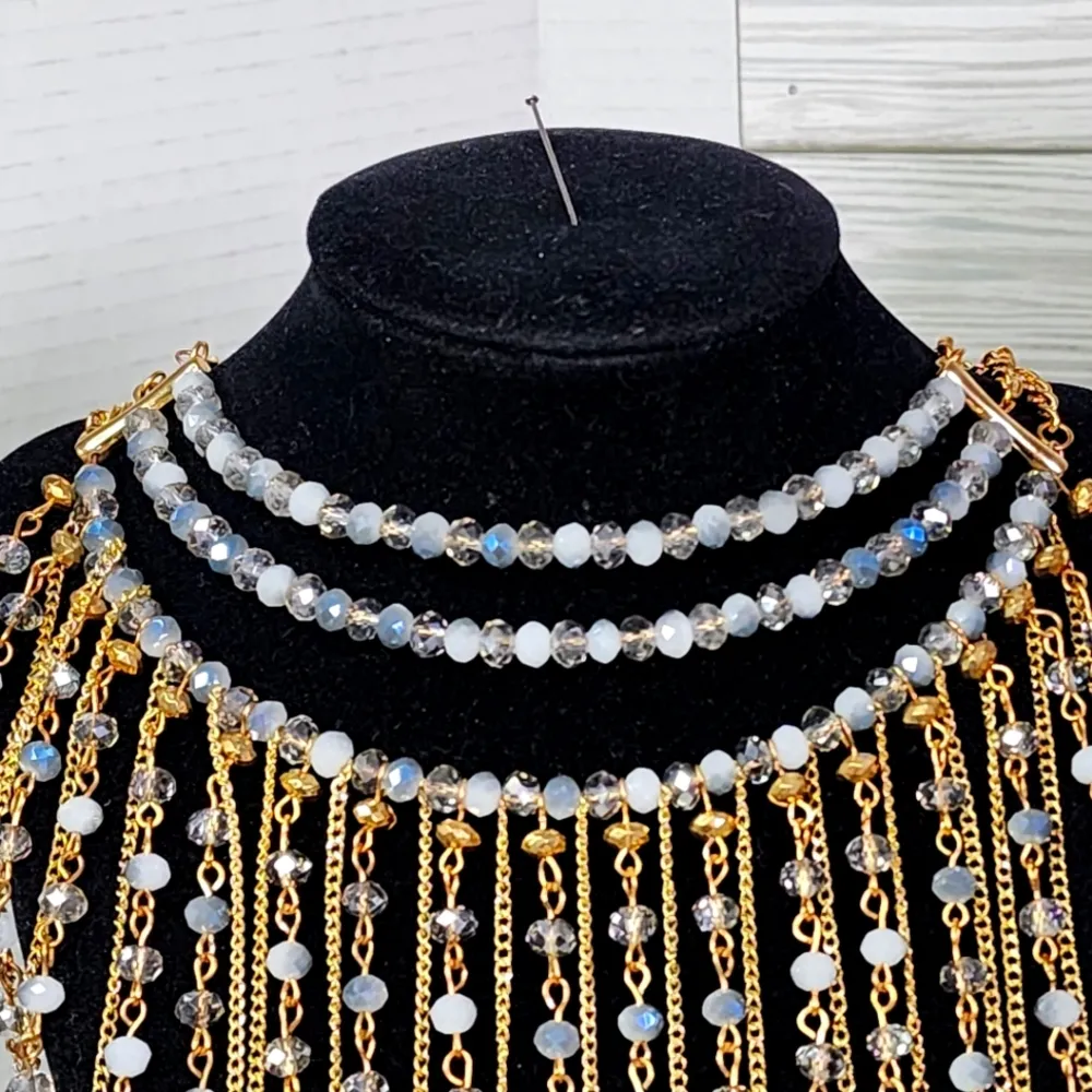 Statement Choker Necklace Earrings Set Cascading Crystal and Chain Waterfall Blue - Image 3