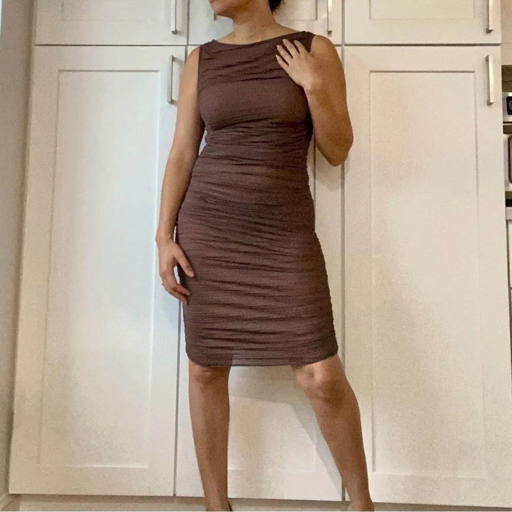 Marina Rossi Women's Brown Ruched Bodycon Semi Sheer Midi Dress M Party Wear Size 8 - Image 2