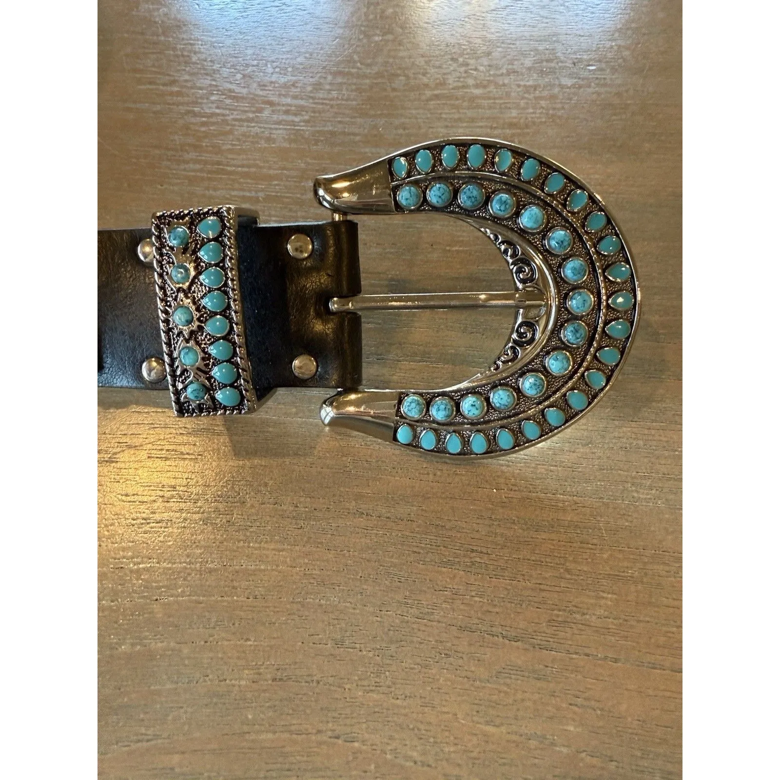 Leather Belt Western Concho Turquoise Studs Buckle Decoration Sz M Please Read Black - Image 3
