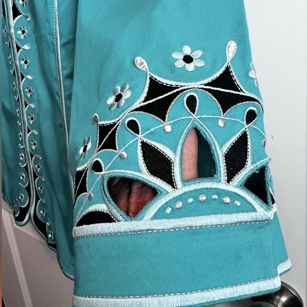 Bob Mackie Wearable Art Cutout Embroidered Turquoise Zipper Cotton Jacket - Image 4