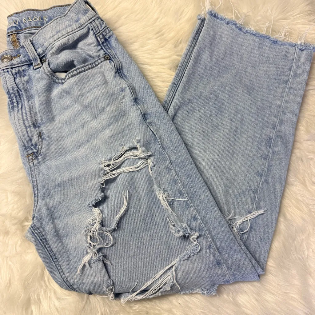 American Eagle Baggy Jeans Distressed Straight Leg Size 0 Regular - Image 5