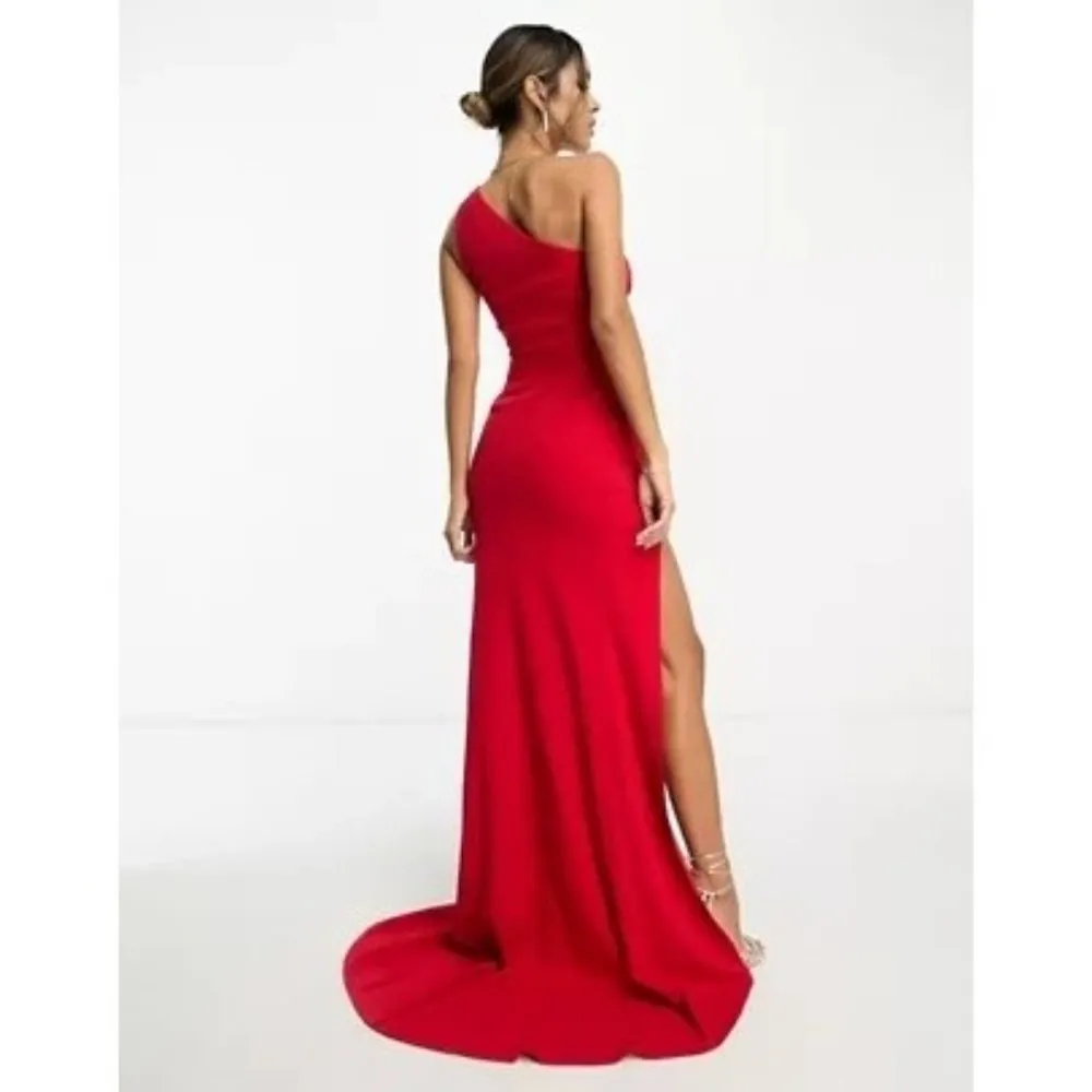 DESIGN one shoulder button maxi dress in red - Image 2