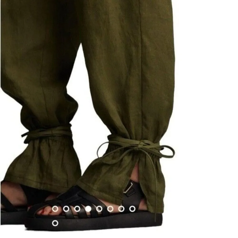ANTHROPOLOGIE Ankle Tie Linen Trousers Dark Green Size 12 NEW - Image 5