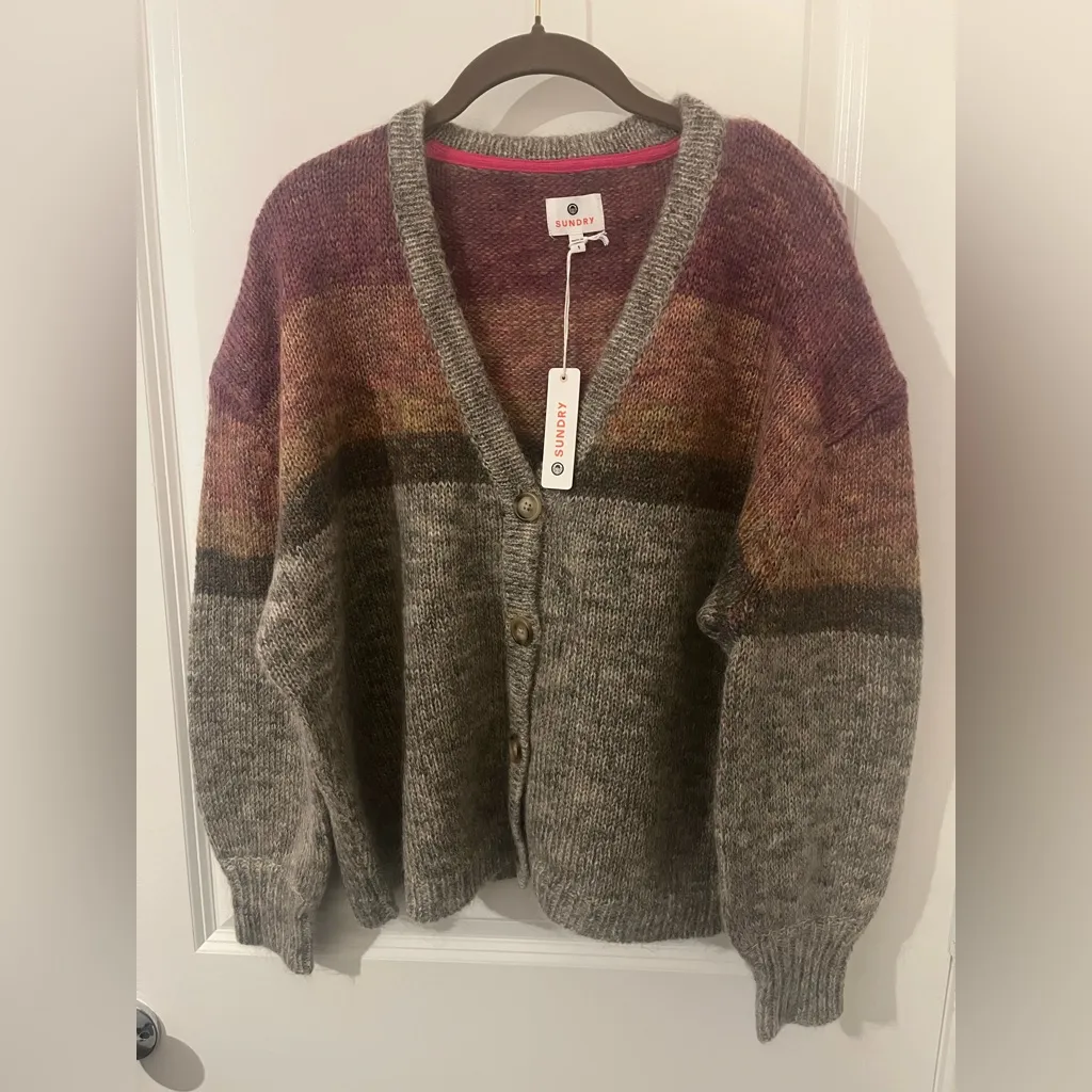 Sundry NWT V Neck Button Cardigan Sweater Color Block Muted Earth Tones Mohair S - Image 7
