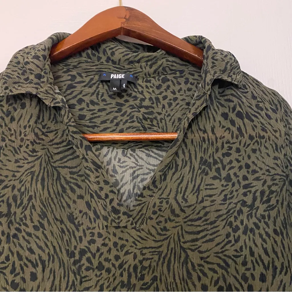 PAIGE Womens Sheer Top Blouse M 38” Long Sleeve Olive Green & Black Animal Print - Image 4