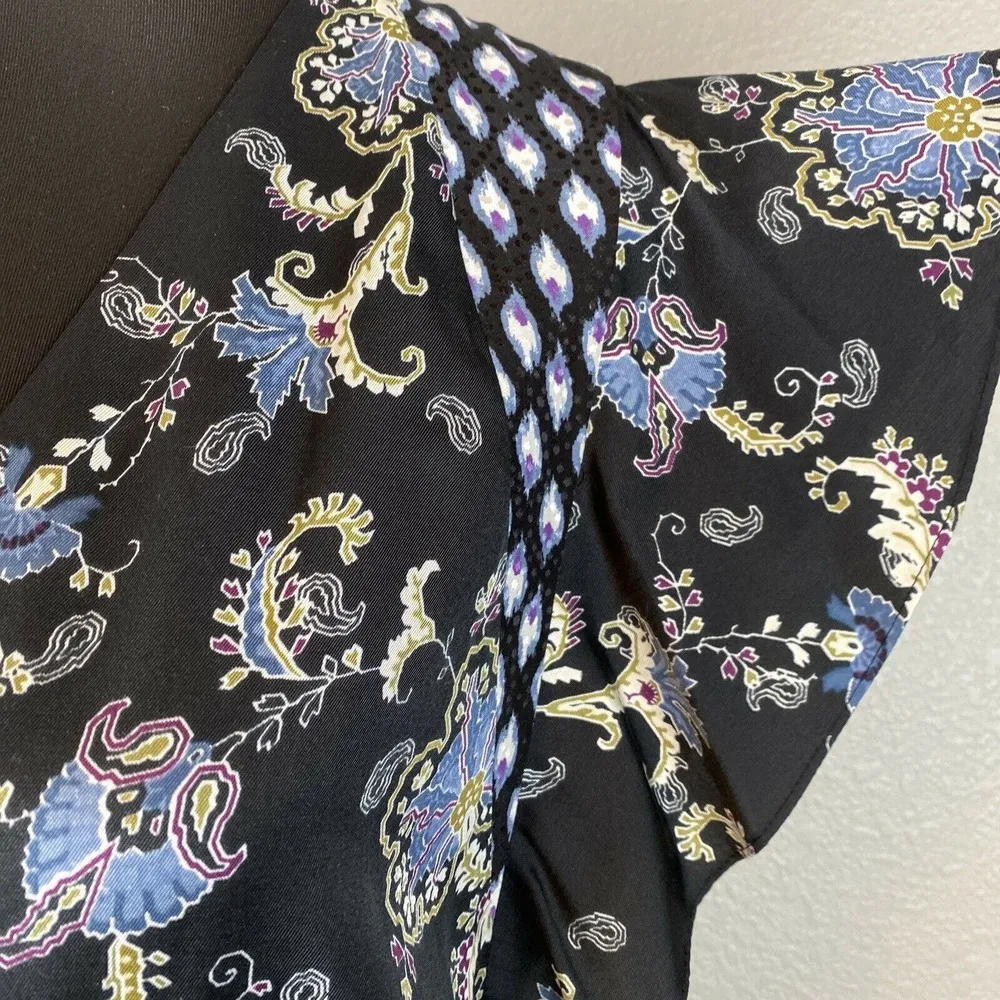 Rebecca Taylor Paisley Floral Dress 12 Black Blue Silk Short Sleeve Pocket VNeck - Image 2