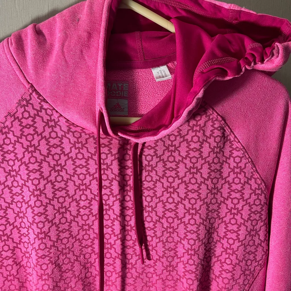 Adidas pink graphic hoodie sweatshirt medium climate cool READ - Image 3