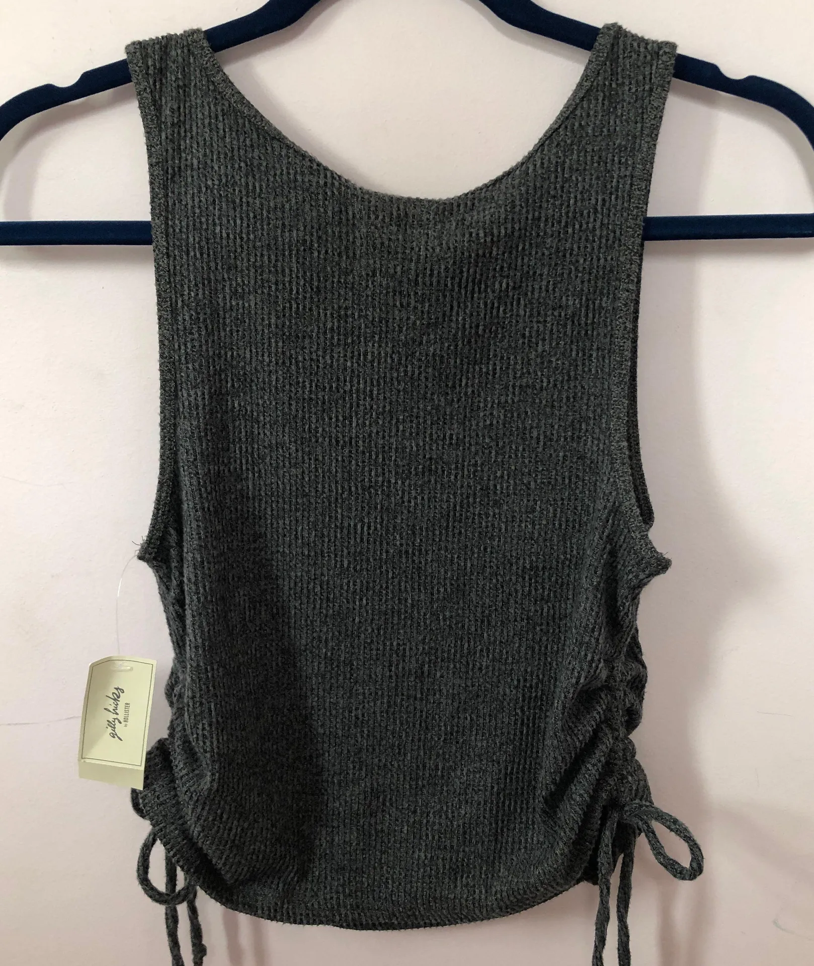 by Hollister Ruched Drawstring Gray Ribbed Cropped Tank - Image 3