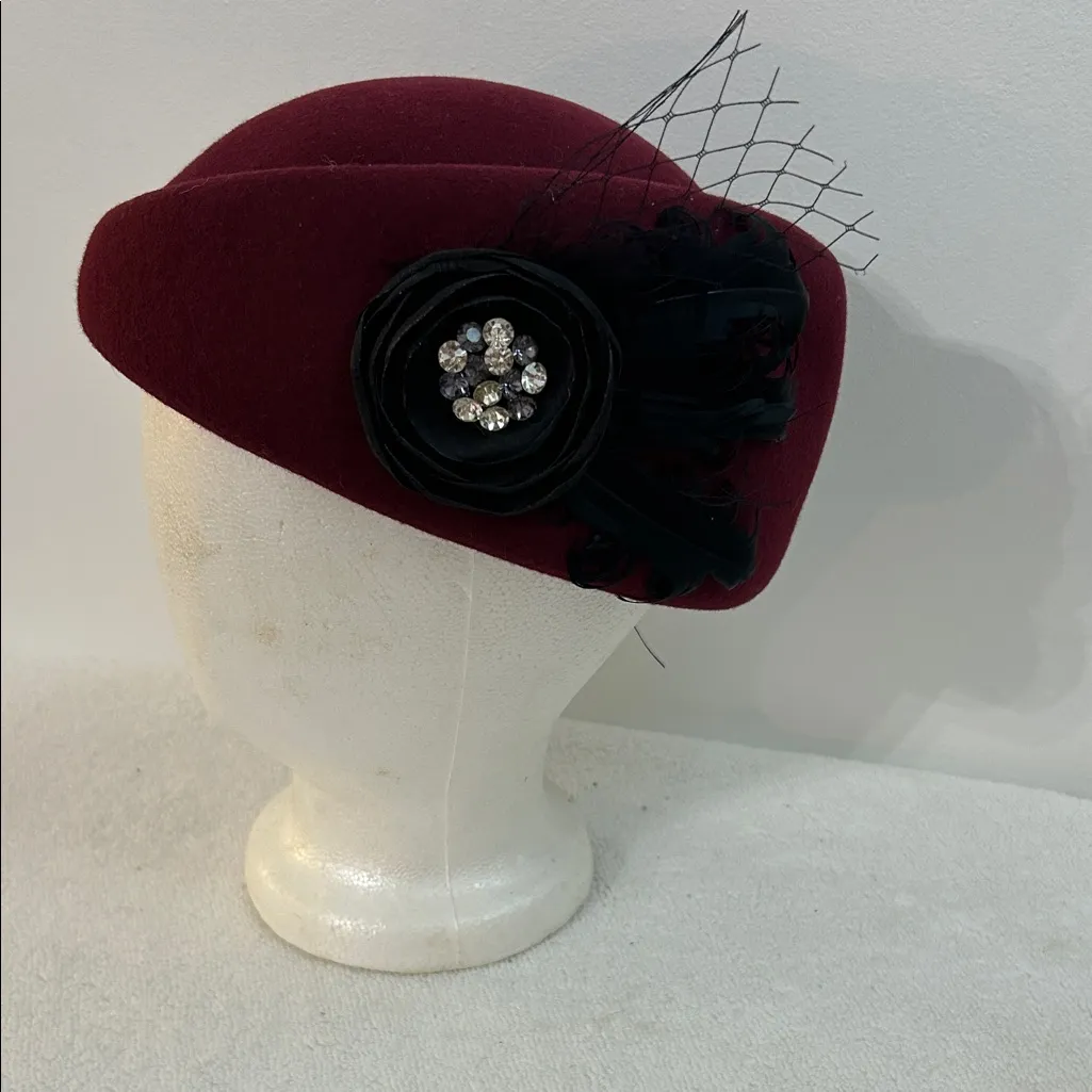 Maroon Wool Beret – Classic Flower & Feather Detail Red - Image 2