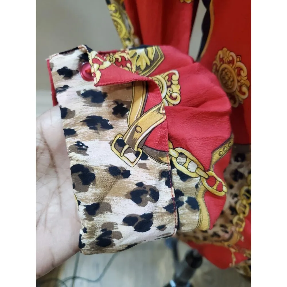 Color Fx Womens Multicolor 100% Silk Collared Long Sleeve Button Down Shirt L Red Size L - Image 3