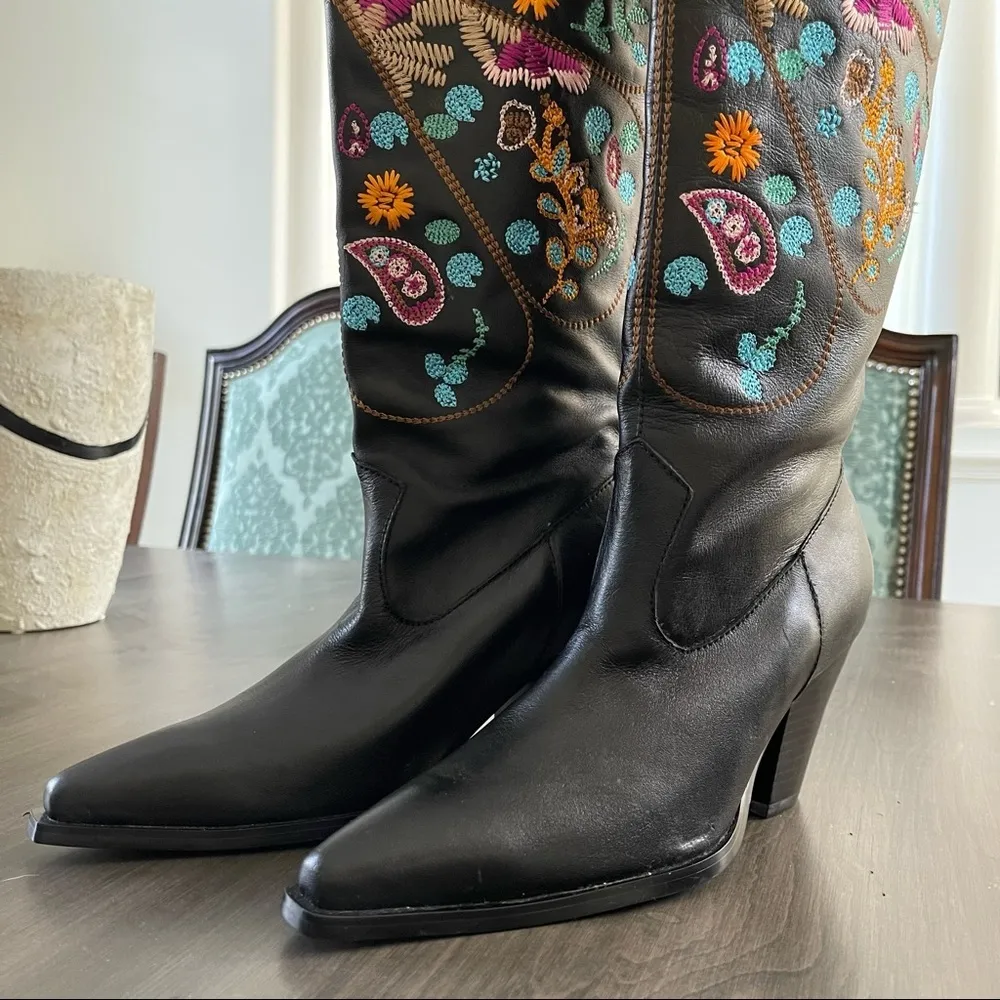 Black Vegan Leather western Cowgirl Boots Colorful Shaft Embroidery size 6.5 - Image 2