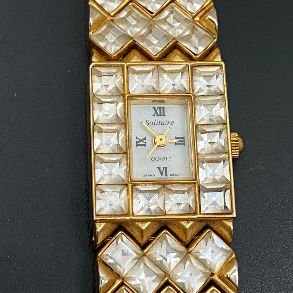Vintage SOLITAIRE Jeweled Link Square Face Watch - Image 6