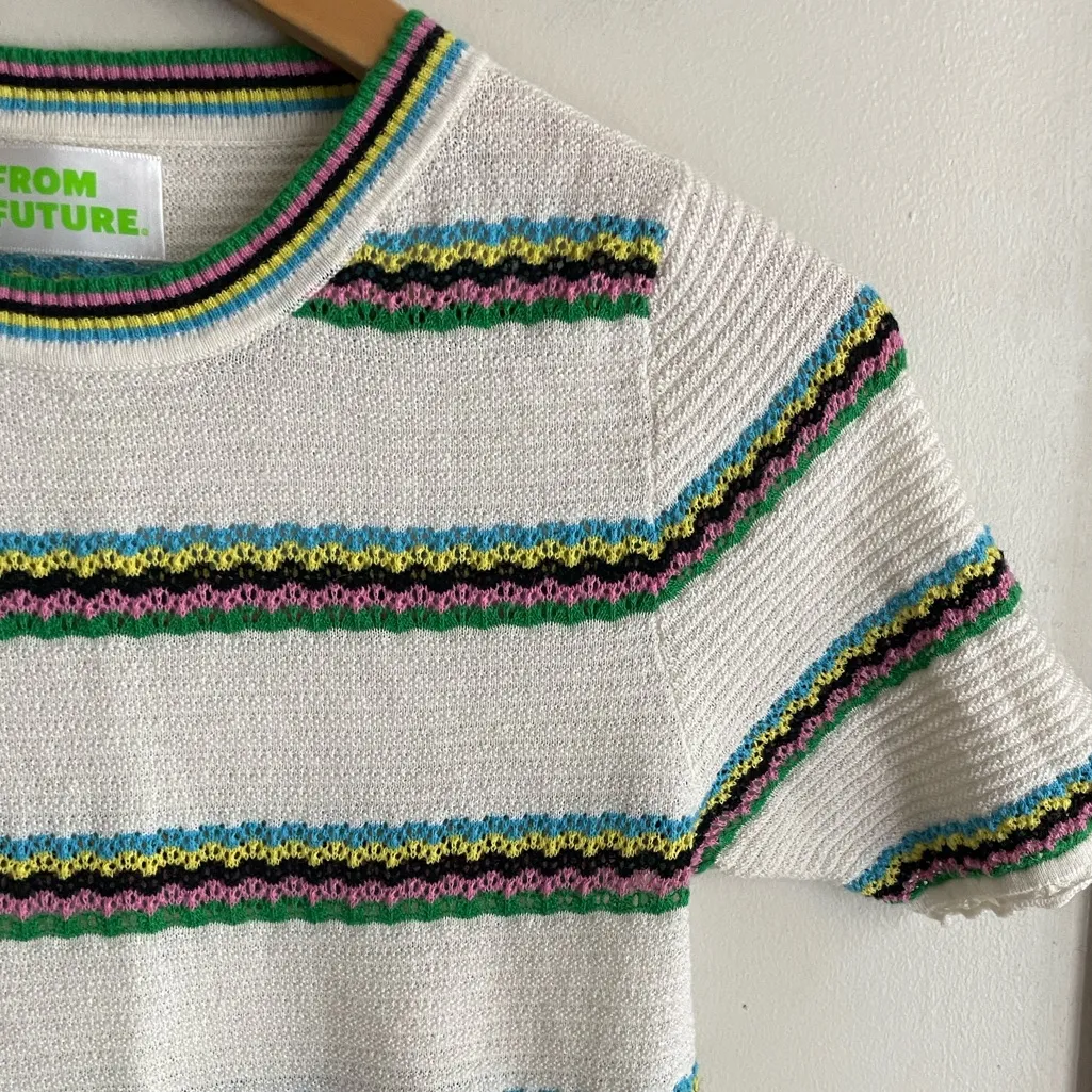 From Future Striped Stretch Crochet Cotton Cashmere Sweater Top White - Image 5