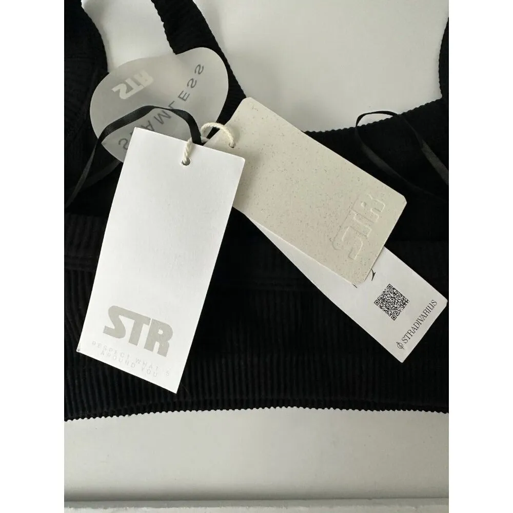 NWT Stradivarius Women's Basic Stretchy Seamless Ribbed Bra Top Black Small - Image 4