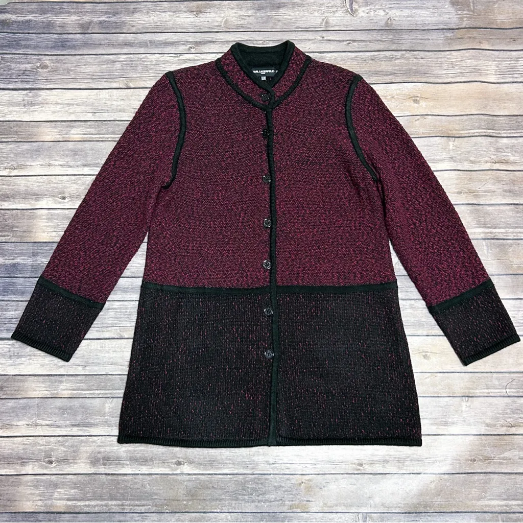 Karl Lagerfeld Merlot Black Marble Colorblock Button Up Mid Length Knit Sweater - Image 6