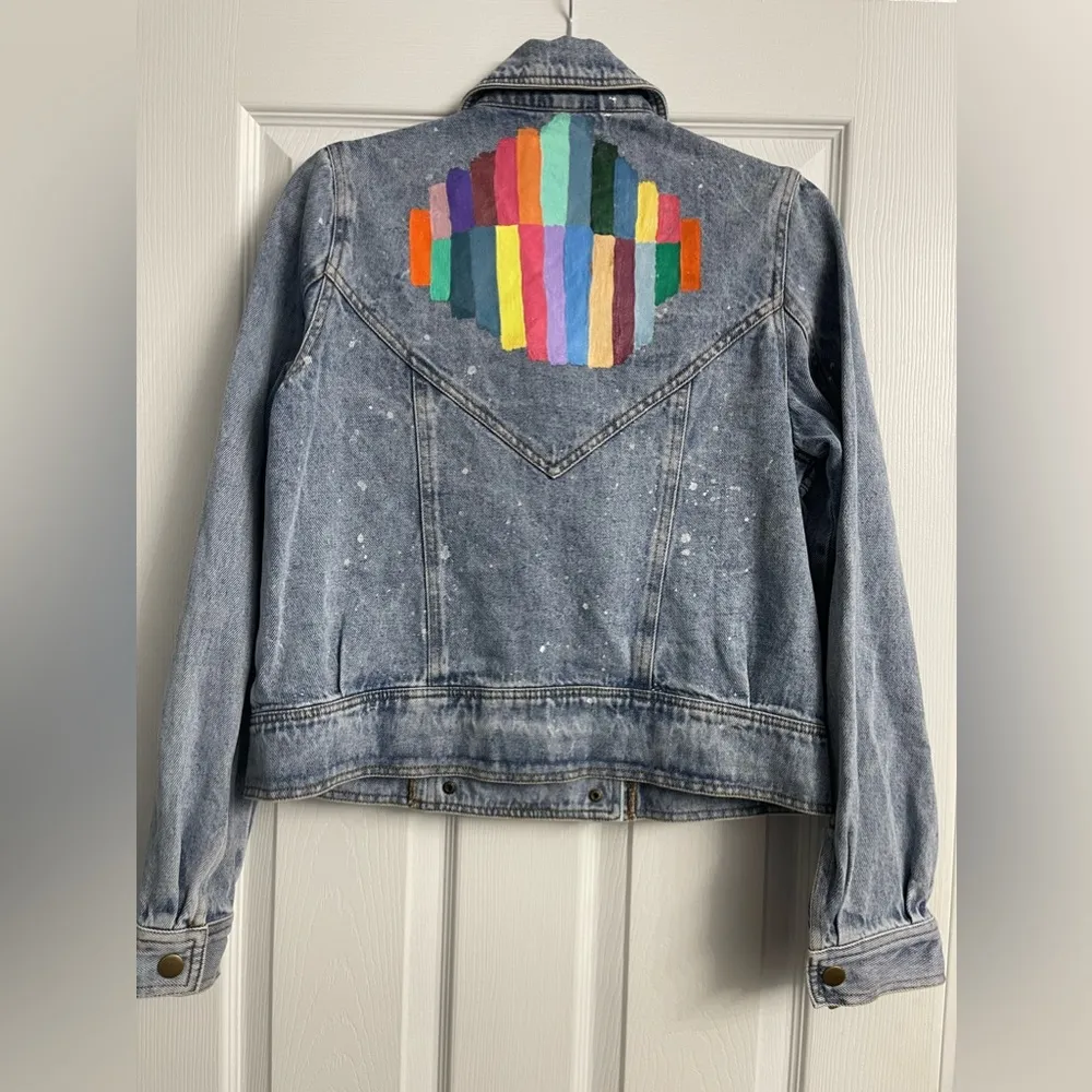 🖤FOREVER 21 Double Breasted Jean Jacket with Custom Painted Back, Size Small - Image 2