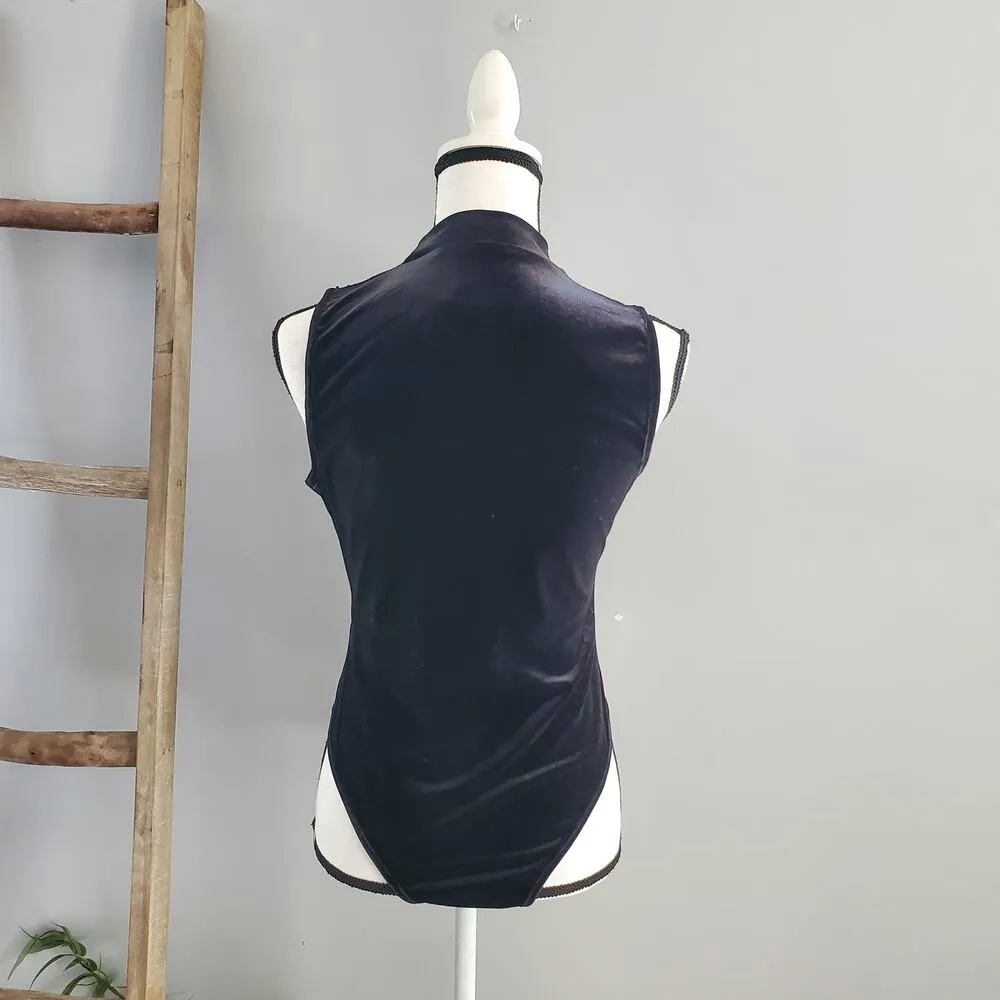 Women's Black Sleeveless Velour Bling Studded Mock Turtleneck Bodysuit Size L Size L - Image 2