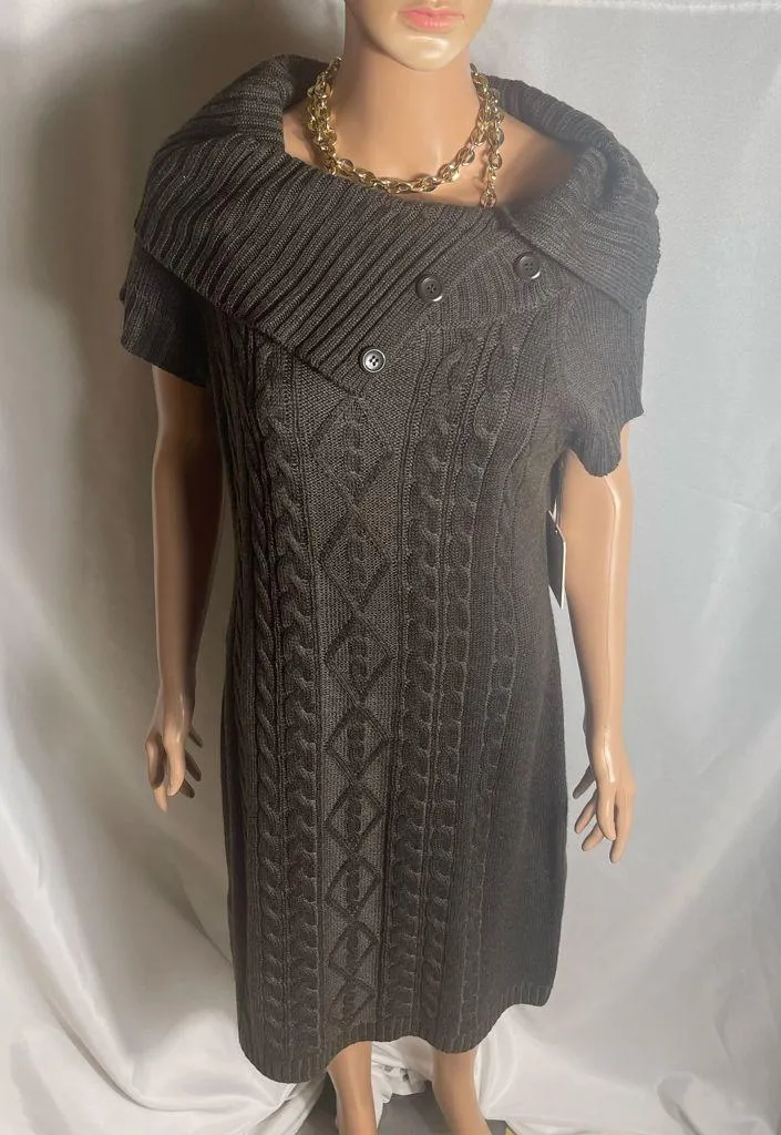 Calvin Klein Cable Knit Sweater Dress Brown Cowl Neck Button Detail Size L NWT - Image 2