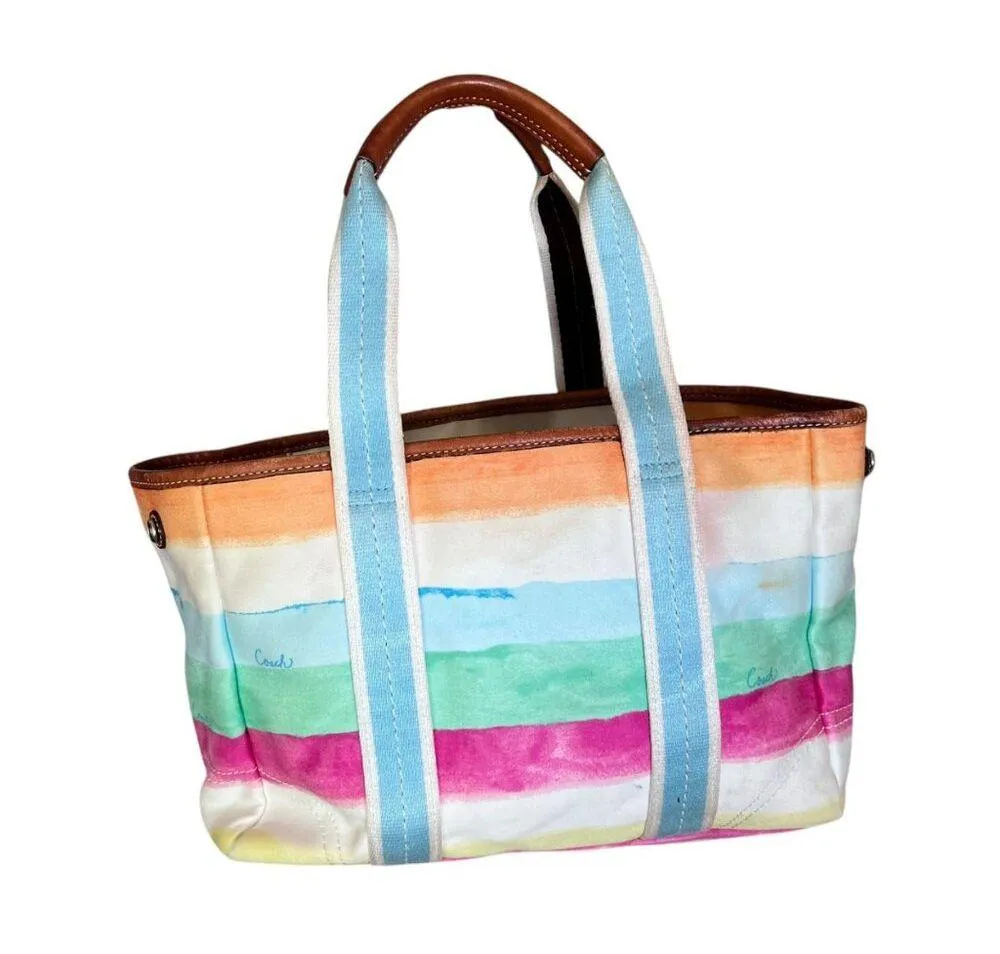 COACH Hampton Watercolor Canvas Leather Handbag Purse Pastel Stripe Colorful S/M - Image 2
