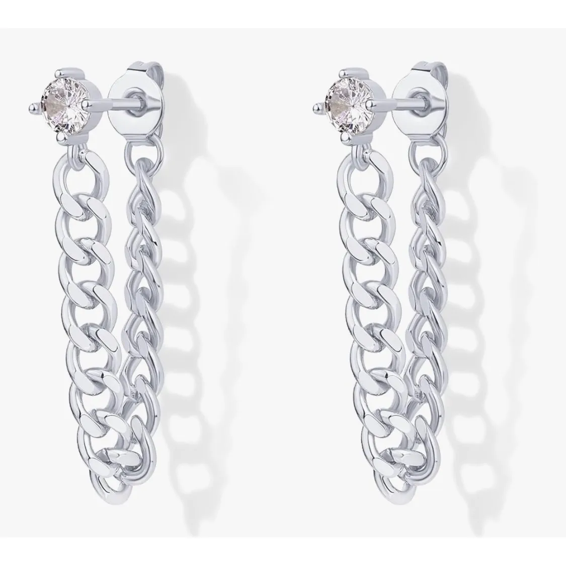 Solitaire Curb Chain Drop Earrings | White Gold Filled‎ - Image 5