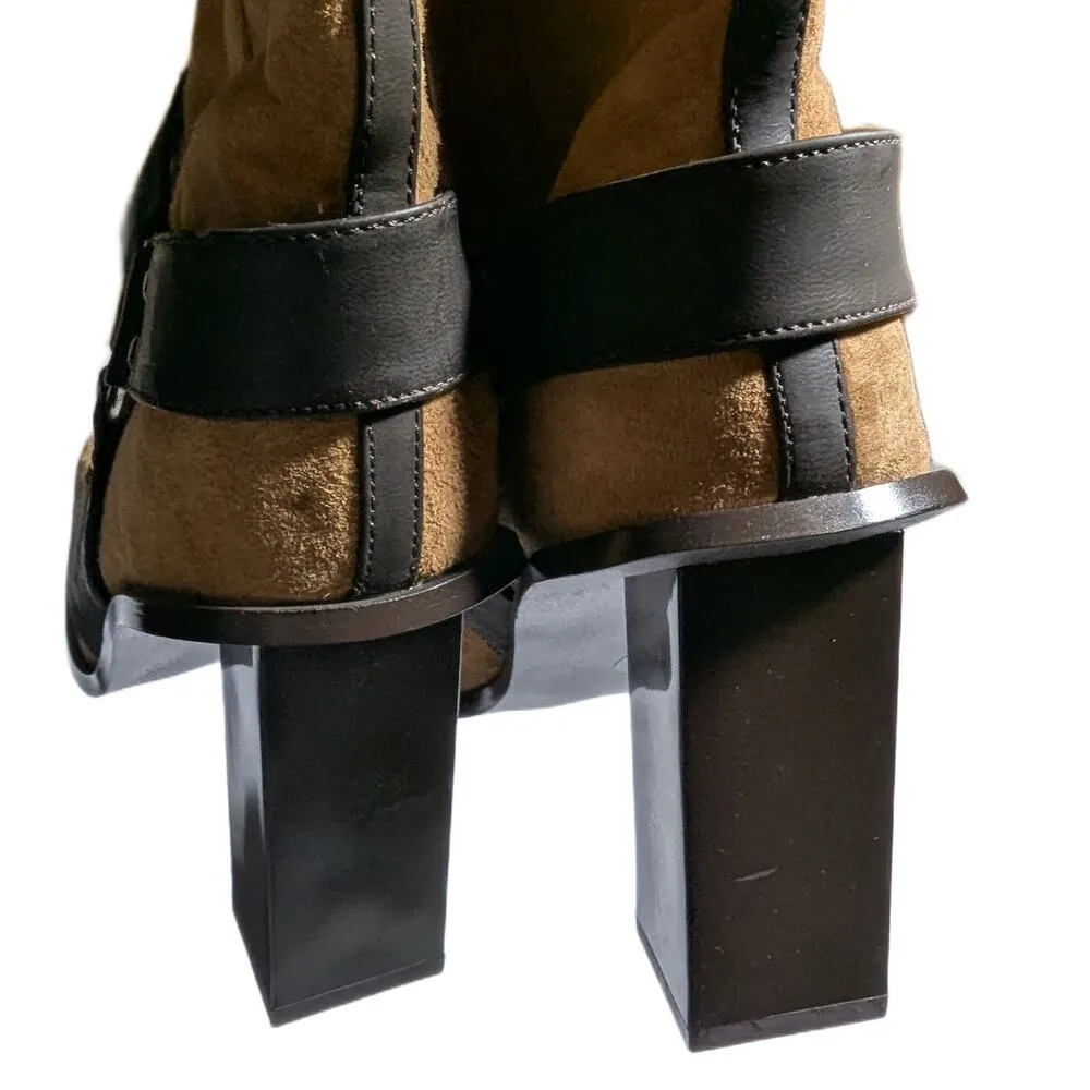 Vtg Y2K Newport News Tan Suede Knee High Square Toe Block Heel Harness Boots 7 - Image 3