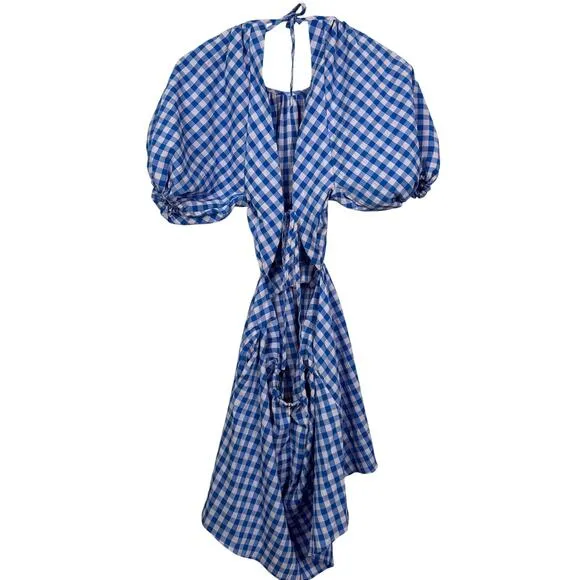 NASTYGAL Gingham Puff‎ Sleeve Open Back Mini Dress Scrunchie Size US 6 NWT - Image 7