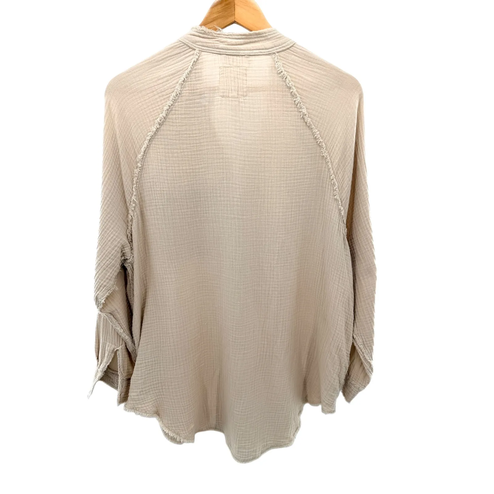 Aerie Gauze Button Up Shirt Beige Frayed Collar Long Sleeve Casual Oversized XXS - Image 4