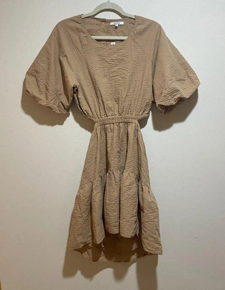 NEW Madewell Size M Seersucker Puff Sleeve Cutout Mini Dress Tan Button Back - Image 5