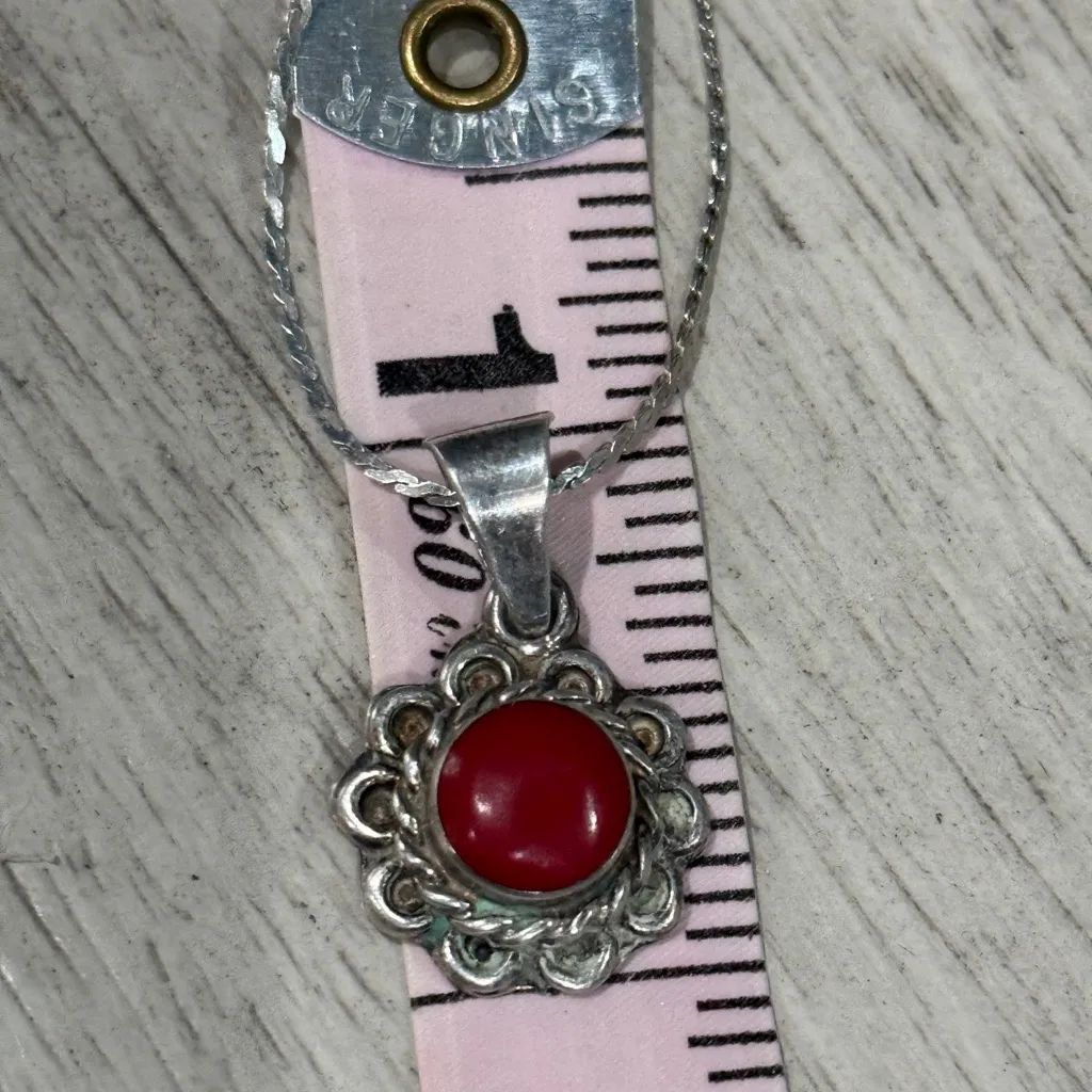 Vintage sterling silver round red coral necklace & pendant Mexico 925 - Image 9
