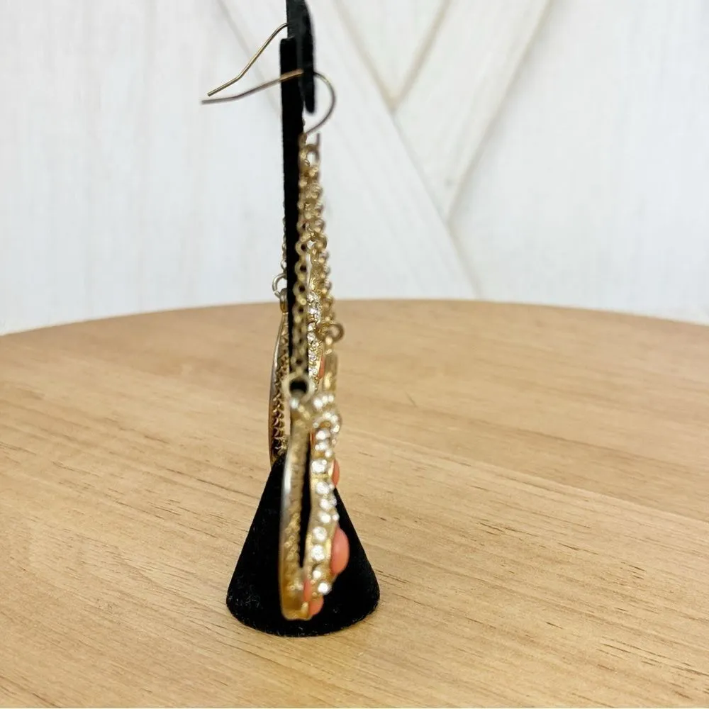 Vntg Bebe Rhinestone Beaded Snake Dangle Statement Earrings Gold‎ Coral Orange - Image 3