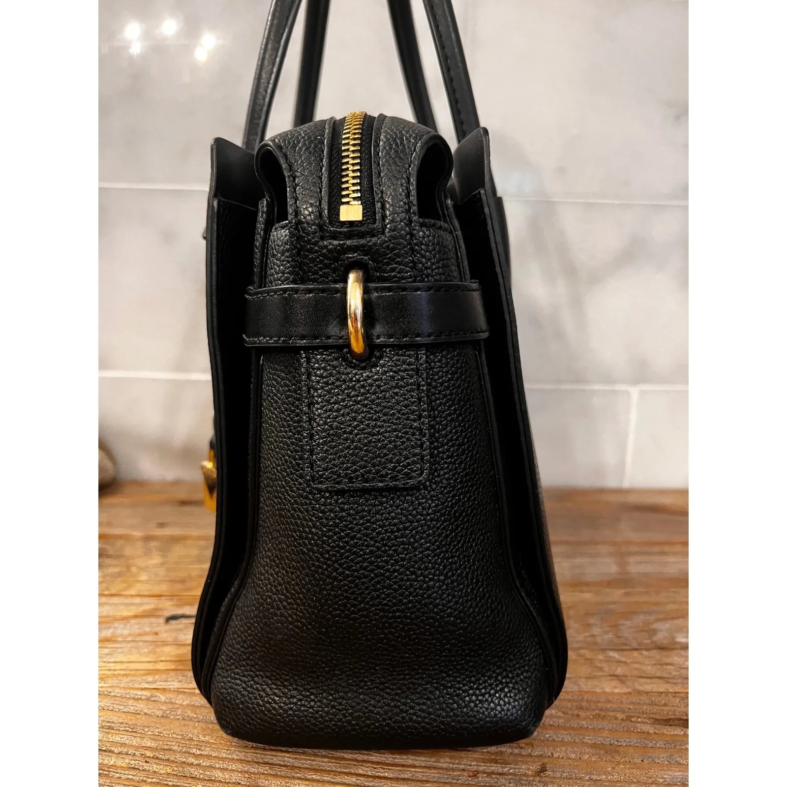 Michael Kors Mercer Black Pebbled Leather Belted Satchel Handbag Crossbody Lux - Image 6