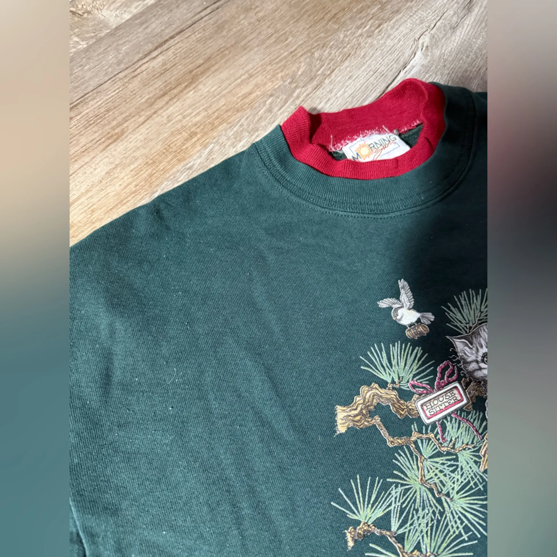 VTG MORNING SUN Green Kitten Cat Birdhouse Christmas Sweatshirt Green Red Size L Size L - Image 5