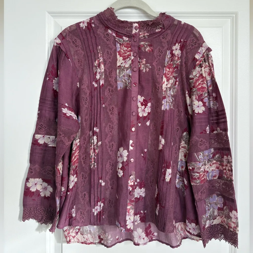 LoveShackFancy Cory Top Lace Trim Mock Neck Merlot Dusk Floral Blouse - Image 3