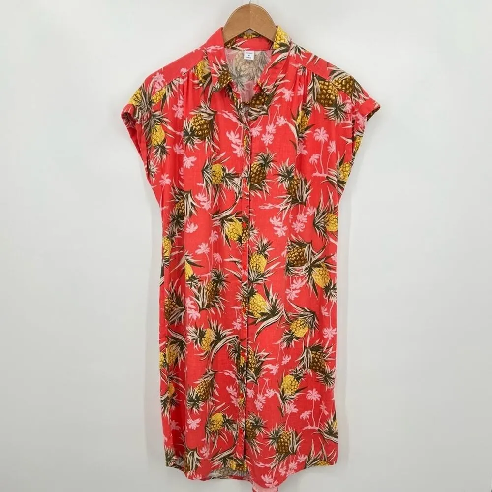 Old navy shirt dress women's M coral linen pineapple print short sleeve tropical - Image 2