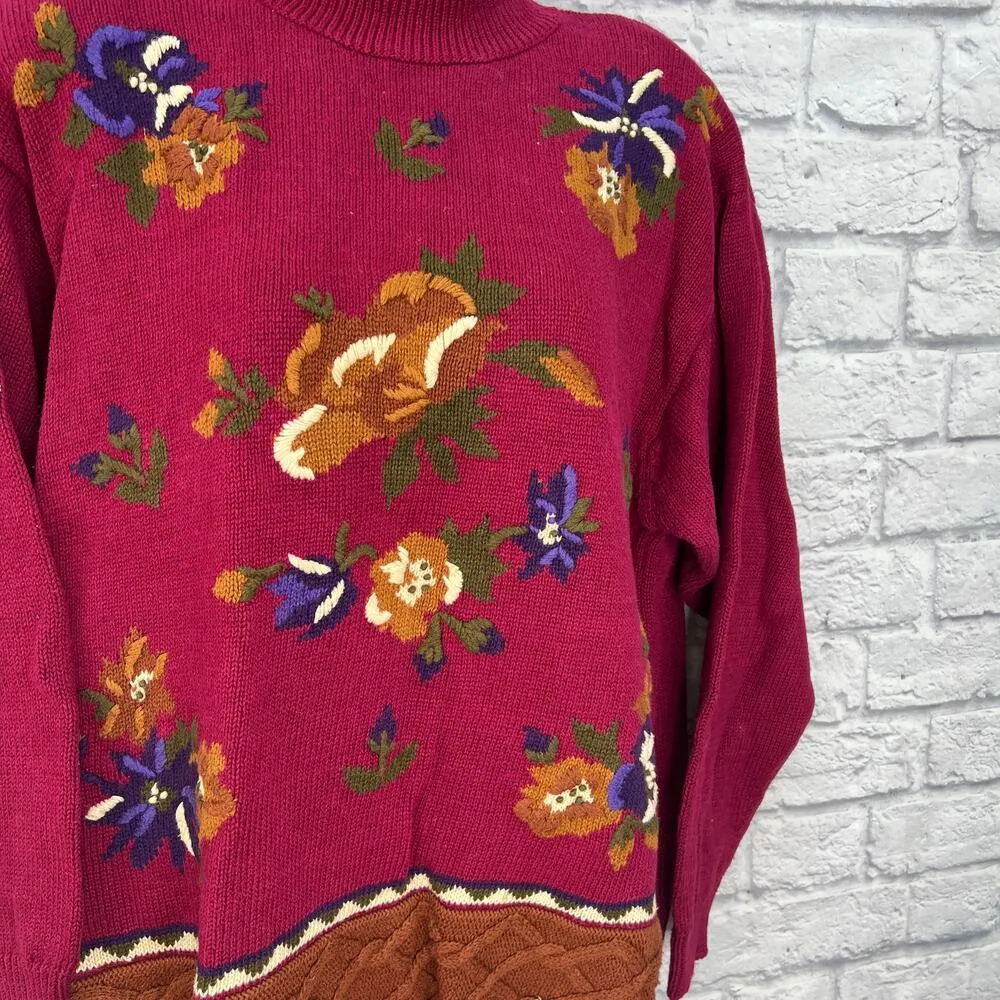 Vintage 90s Leslie Fay Mock Neck Sweater Size L Maroon Red Floral Embroidered - Image 3