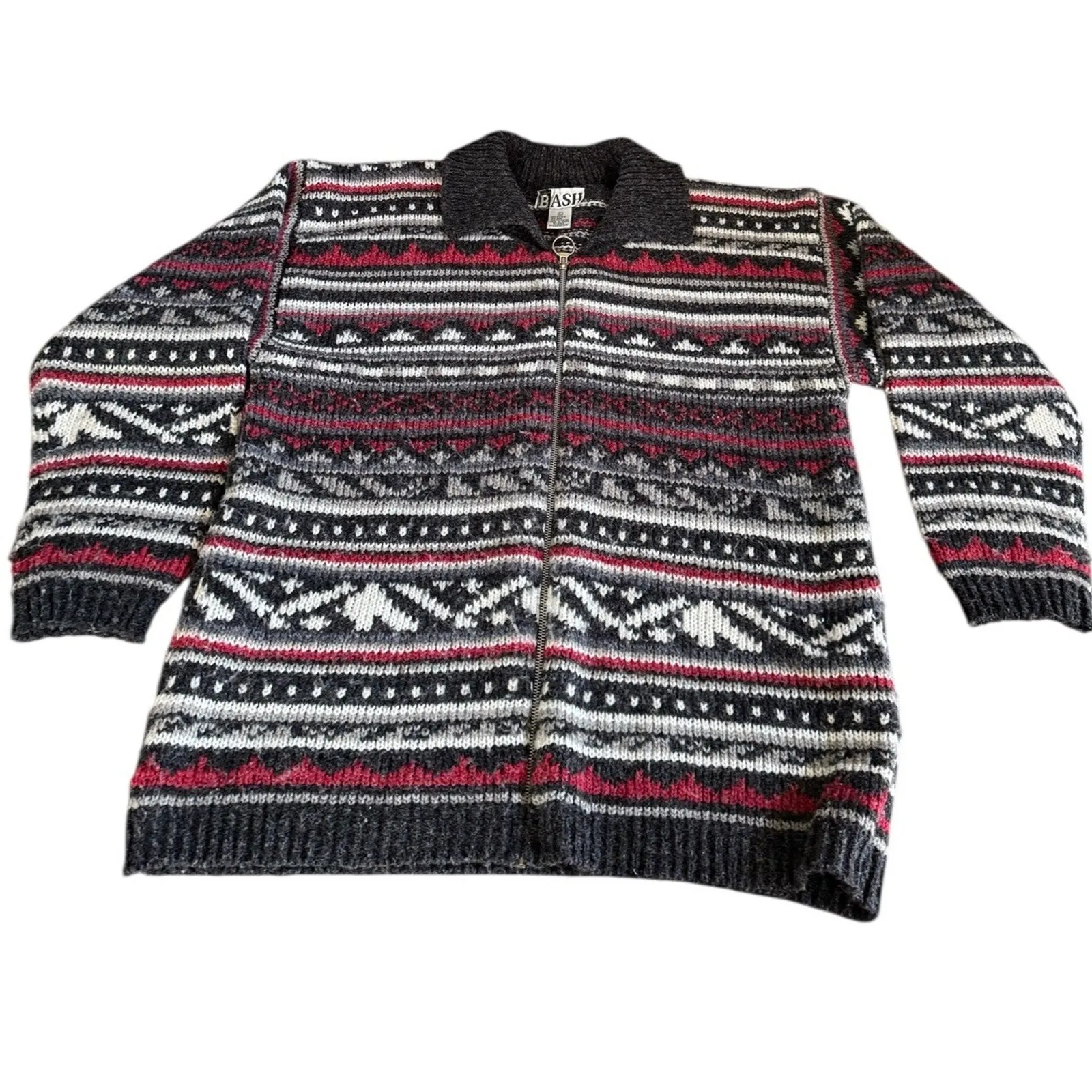 BASH Full Zip Knit Sweater Jacket L Nordic Fair Isle Pattern Gray Red Wool Blend Size L - Image 2