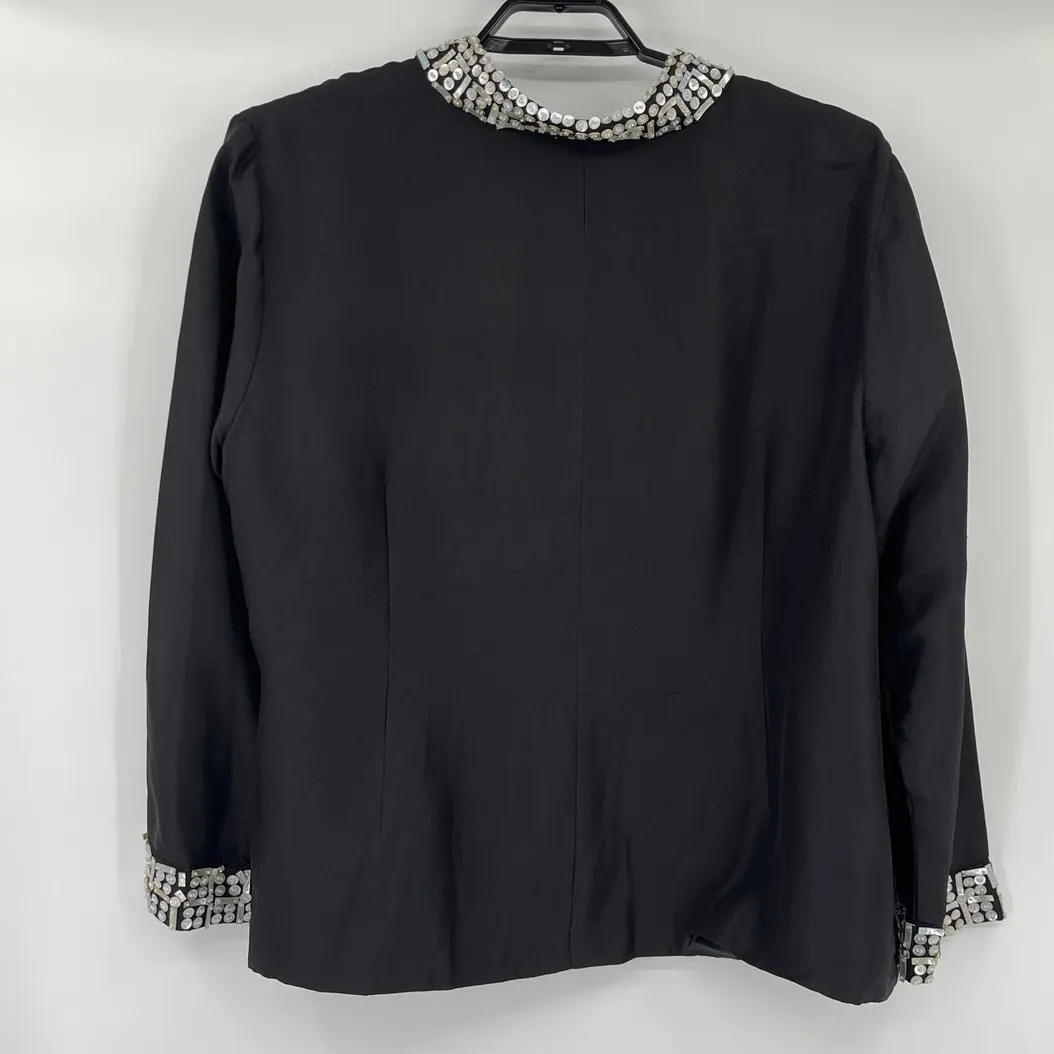 Vtg Bloomingdale’s Silk Button Women’s Jacket Sz 24W Mother of Pearl Art Deco 80 Black - Image 6