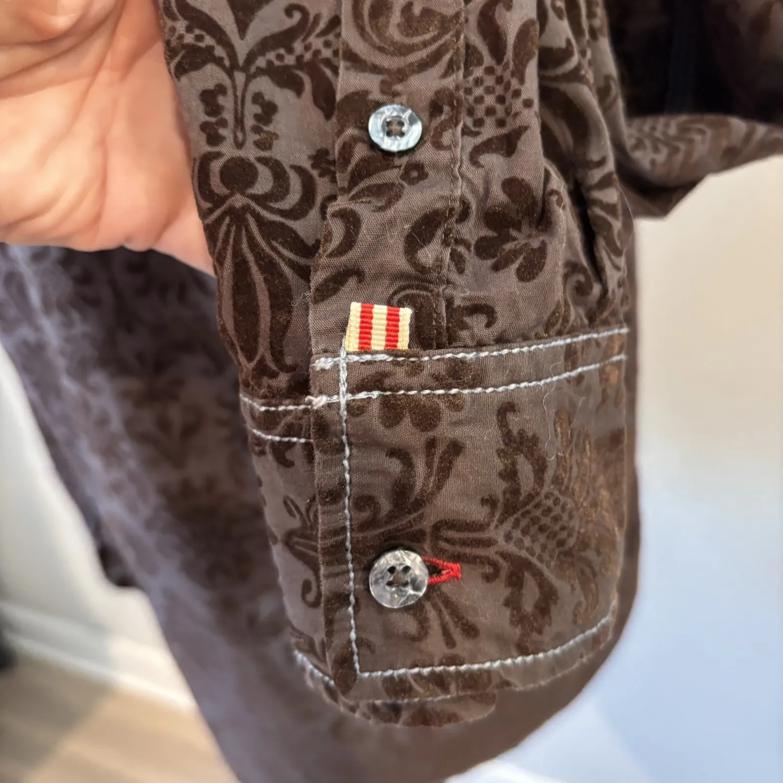 Vintage Italia Size Medium Brown Velvet Shirt Floral Damask Pattern Cotton L/S - Image 6