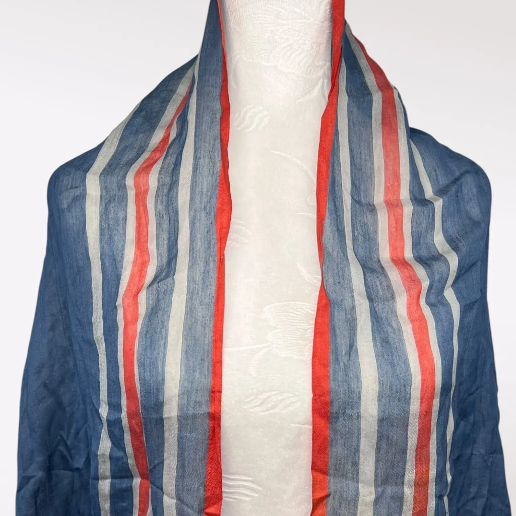 Vintage Blue Orange White Striped Fringe Scarf Rectangle Wrap Shawl - Image 2