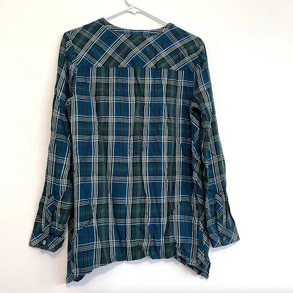 J. JILL Plaid Dipped Hem Button Up Tunic Blue Green Lightweight Button Down S - Image 11