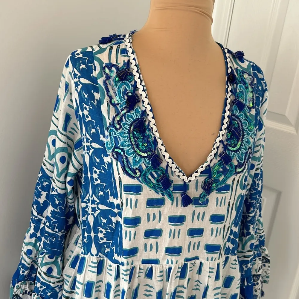 Antica Santoria by Giacomo Cinque Blue/White Beaded Tassel Dress Blue Size undefined - Image 5