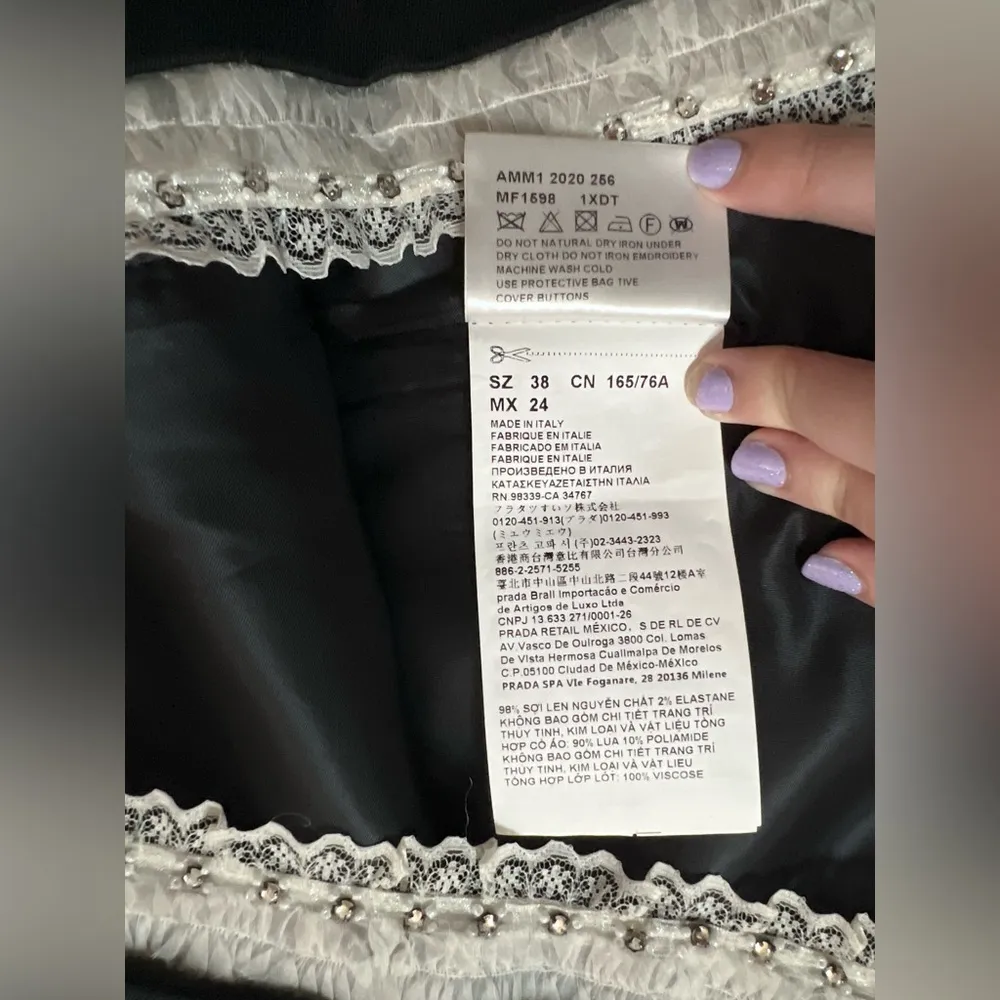 Miu Miu Black Mini Skirt with White Lace Trim and Rhinestone and Beading Small - Image 11