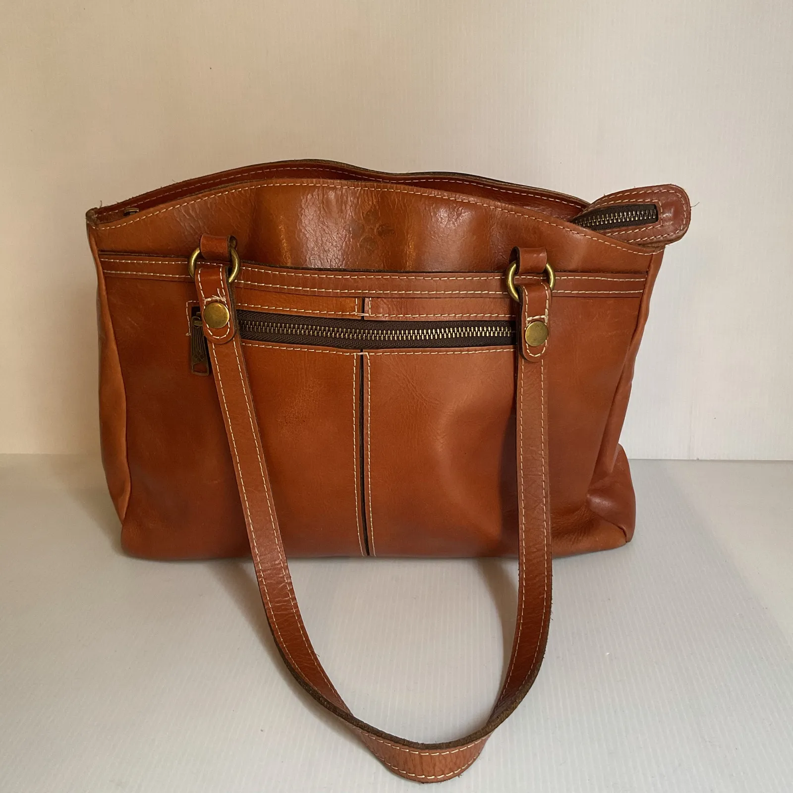 Patricia Nash Brown Leather Tote Bag Zip Top Shoulder Bag Vintage Style - Image 4