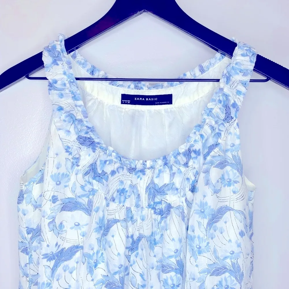 Zara Basic Blue and White Sleeveless Floral Dress Size M - Image 3