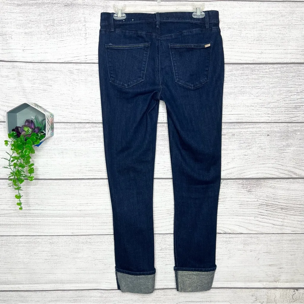 WHBM Dark Blue Slim Ankle Jeans with Gold Sparkle Boyfriend Cuffs Size 4 Long - Image 7