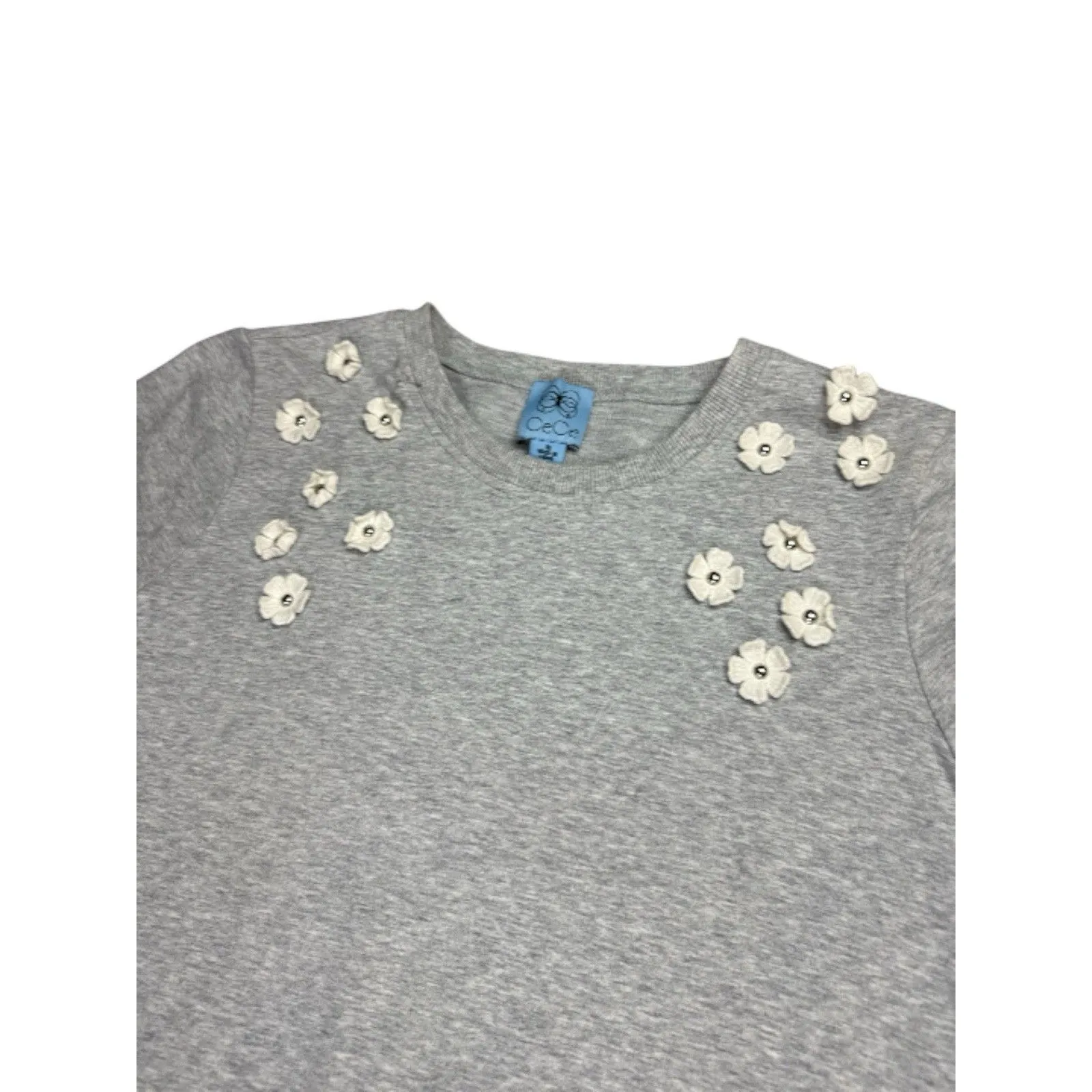 Cece Gray Floral Appliqué T-shirt Dress With Ruffle Medium Crewneck Short Sleeve - Image 3