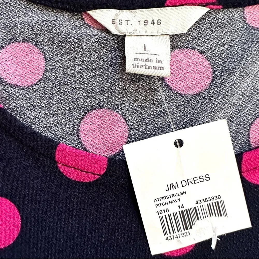 Est. 1946 Dress Dark Blue Pink Polka Dots Long Bell Sleeves Swing Large NEW - Image 2