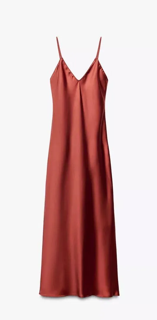 Zara maxi dress cognac rust satin slip midi casual summer  - Image 6